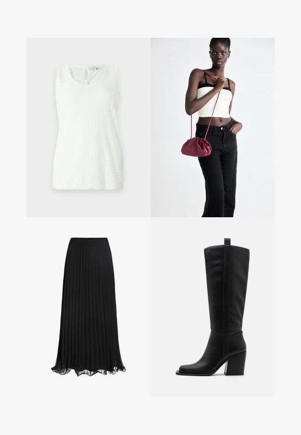 Weißes ärmelloses Oberteil mit Rundhalsausschnitt, strukturiertem Stoff mit gemusterten Ösen und einem kleinen Schlitzdetails auf der Rückseite.; Schwarze, plissierte Maxiröcke aus leichtem Stoff mit fließendem Design. Mit einem Rüschensaum und einem elastischen Taillenbund für mehr Komfort.; Schwarze Leder-Kniehohe Stiefel mit quadratischer Zehenform, schmalem Absatz und vertikaler Naht entlang des äußeren Schafts. Glatte Textur.; Burgunderfarbene Handtasche aus weichem Stoff mit gerafftem Design und langem Trageriemen, quer über den Körper getragen. Das Modell trägt ein weißes Crop-Top und schwarze Jeans.