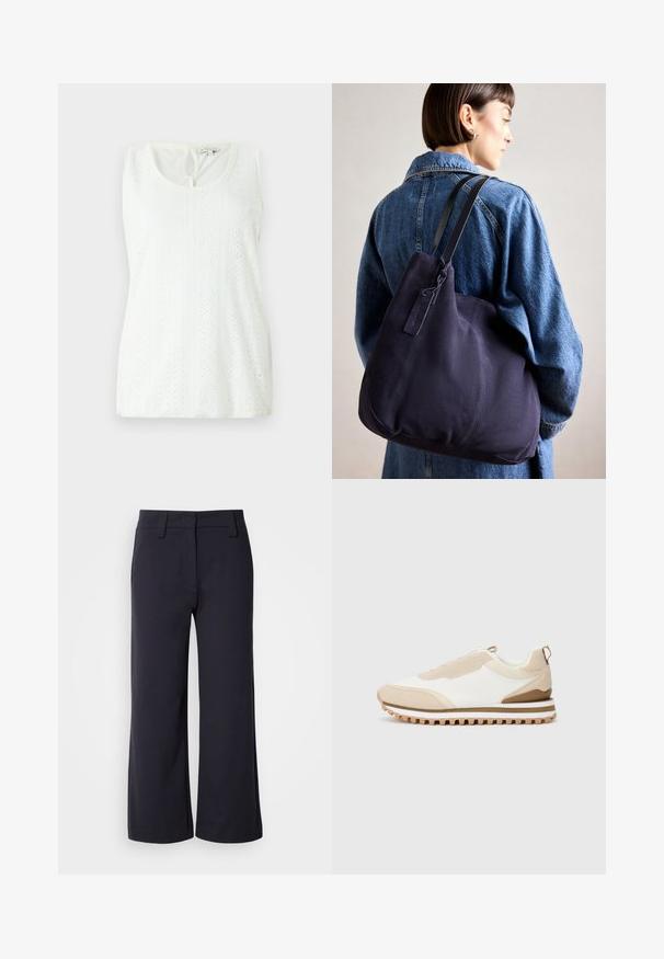 Weißes ärmelloses Oberteil mit Rundhalsausschnitt, strukturiertem Stoff mit gemusterten Ösen und einem kleinen Schlitzdetails auf der Rückseite.; Weite Hosen aus dunklem Marineblau. Mit flachem Bund, Gürtelschlaufen und seitlichen Taschen. Das Material ist glatt und hat einen leichten Stretch.; Beige und weiße Low-Top-Sneaker mit strukturiertem Sohle und Zuglasche an der Ferse, auf einem schlichten hellen Hintergrund angezeigt, Seitenansicht.; Marinefarbene Leinenschultertasche mit weicher, strukturierter Form, ausgestattet mit einem schwarzen Riemen, genähten Details und einem kleinen Markenschild.