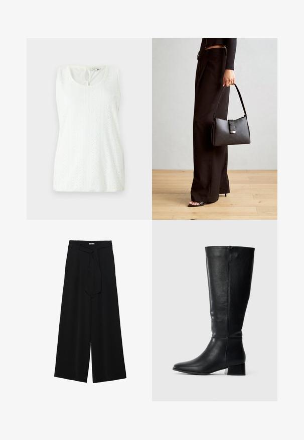 Witte mouwloze top met een ronde hals, textuurstof met geperforeerde patronen en een klein sleutelgatdetail aan de achterkant.; Zwarte wijde broek van textuurstof, met een elastische tailleband en een afneembare sjaalstrik in de taille voor een verstelbare pasvorm.; Zwarte leren kniehoge laars met een lage blokhak en een spitse neus, vanaf de zijkant weergegeven op een effen lichte achtergrond.; Zwarte handtas met gestructureerde vorm, gladde textuur en een metalen sluiting. Gecombineerd met brede zwarte broeken en sandalen met open teen op een houten vloer.