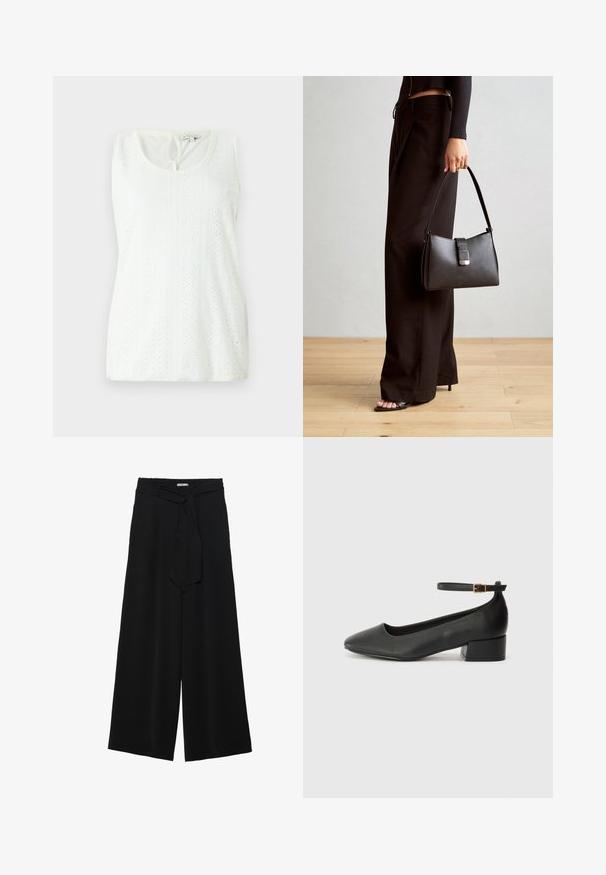 Valge sansvarrukatega topp, millel on ümar kaelus, tekstureeritud kangas mustritega silmadega ning väike võtmeauk detail taga.; Mustad laiad püksid, millel on tekstureeritud kangas, elastne vöökoht ja eemaldatav pael vööst, et reguleerida sobivust.; Must mustaapp, millel on terav nina ja madal blokk-kand. Omab pahkluu rihma koos kuldse tooni pandlaga. Sile tekstuur.; Must musta kott, millel on struktureeritud kuju, sile tekstuur ja metallist klamber. Kombineeritud laiate mustade pükstega ja avatud varvaste sandaalidega puidust põrandal.