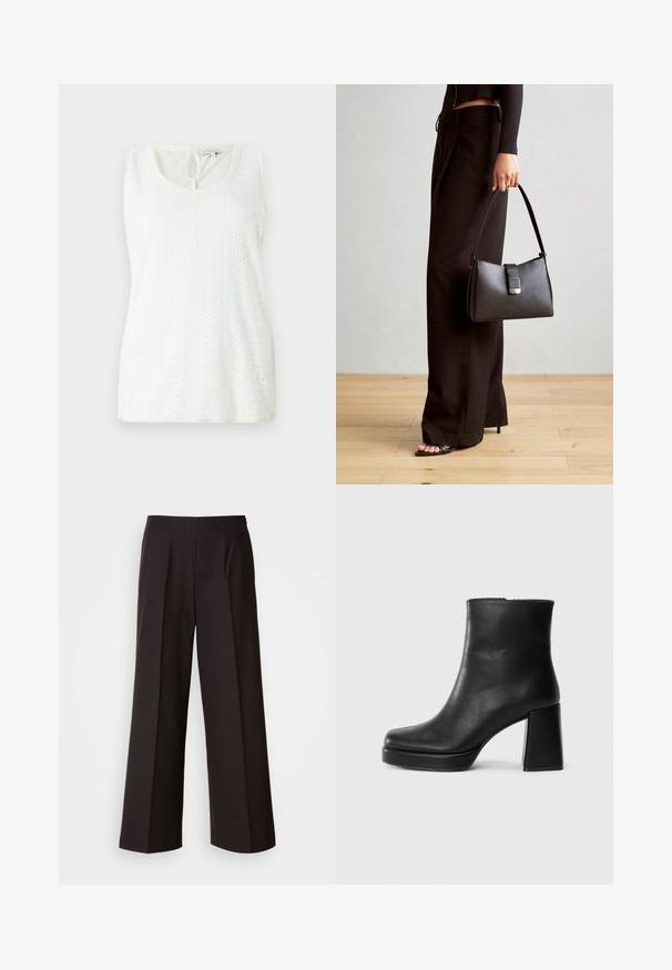 Weißes ärmelloses Oberteil mit Rundhalsausschnitt, strukturiertem Stoff mit gemusterten Ösen und einem kleinen Schlitzdetails auf der Rückseite.; Schwarze weite Hosen mit flachem Vorderteil, Falten und einer glatten Stoffstruktur. Sie haben eine hohe Taille und einen taillierten Schnitt für eine strukturierte Passform.; Schwarze Leder-Stiefelette mit Blockabsatz und Plattformsohle, seitlich auf einem schlichten weißen Hintergrund betrachtet.; Schwarze Handtasche mit strukturierter Form, glatter Textur und einem metallischen Verschluss. Kombiniert mit weiten schwarzen Hosen und offenen Sandalen auf einem Holzboden.
