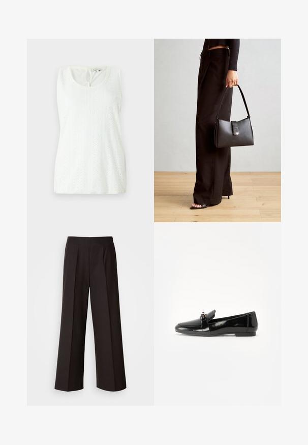 Top alb fără mâneci, cu un decolteu rotund, țesătură texturată cu ochiuri decorative și un detaliu mic în formă de cheiță la spate.; Pantaloni negri cu laturi largi, cu o față plată, pliseuri și o textură de țesătură fină. Prezintă un talie înaltă și o croială ajustată pentru un fit structurat.; Loafers din piele patent neagră cu talpă plată, vârf rotund și o bandă decorativă cu un accent în ton de aur. Finisaj neted, lucios.; Genți negre cu o formă structurată, textură netedă și un închizător metalic. Asortată cu pantaloni negri largi și sandale cu vârf deschis pe un podea din lemn.