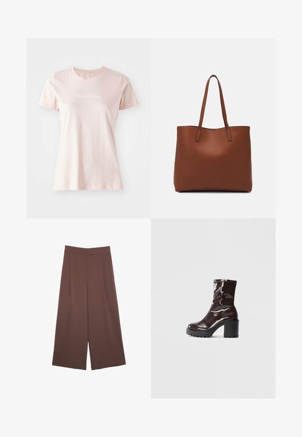 Světle růžové tričko s krátkým rukávem vyrobené z bavlny. Má kulatý výstřih a logo "Pepe Jeans London" v bílé barvě na přední straně.; Hnědé široké kalhoty s hladkou texturou, vysokým pasem a předními záhyby. Materiál je lehký a volně splývá.; Lesklá bordó kotníková bota s masivním černým podpatkem, se hladkým povrchem a jednoduchým designem. Žádné viditelné zapínání ani vzory.; Hnědá kožená taška přes rameno s hladkou texturou, otevřeným designem a dvěma ramenními popruhy. Obsahuje minimální švy a žádné viditelné kovové prvky.