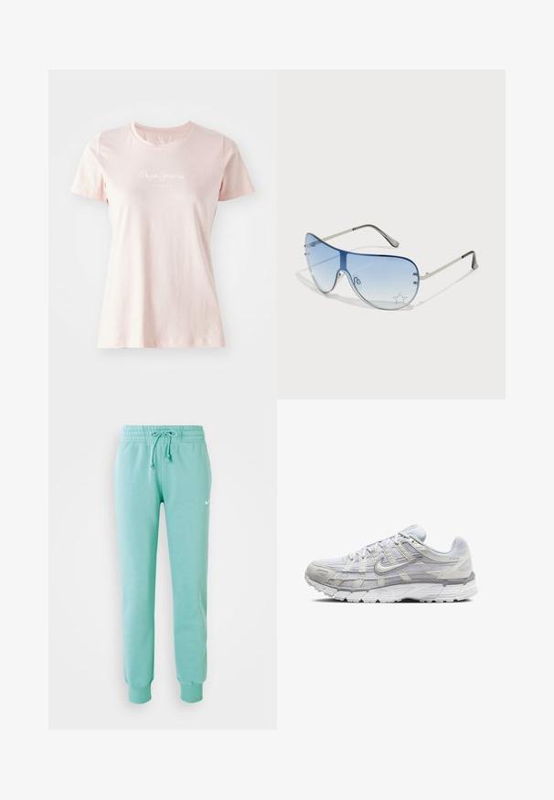 Šviesiai rožinės spalvos trumpas rankovėmis marškinėliai pagaminti iš medvilnės. Yra apvalus iškirpimas ir baltas "Pepe Jeans London" logotipas priekyje.; Mėtyni žalios spalvos sportinės kelnės su elastinga juosta, raišteliu ir raukinėtais rankogaliais. Kairiajame šlaunyje yra mažas baltas Nike logotipas.; Šviesiai pilki sportiniai batai su tinkline ir sintetine viršutine dalimi, turintys raištelių užsegimą, paminkštintą apykaklę ir tekstūruotą padą geresnei sukibimo kokybei.; Aviatoriai akiniai su gradientiniais mėlynais objektyvais, sidabriniu metaliniu rėmu ir dekoratyvinėmis žvaigždžių akcentais ant objektyvų. Lygaus ir stilingo dizaino.