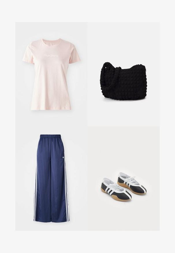 T-shirt de manga curta rosa claro feito de algodão. Apresenta um decote redondo e o logótipo "Pepe Jeans London" em branco na frente.; Calças largas azul marinho com riscas brancas verticais, cintura elástica e três riscas brancas ao longo de cada lado, feitas de um material leve.; Tênis atletas em preto e branco com um design elegante, sola de borracha, fecho de atacadores e três riscas brancas nas laterais.; Saco de tecido preto com um padrão texturizado e acolchoado. Forma arredondada, alças curtas e grossas, e uma estrutura macia e flexível.