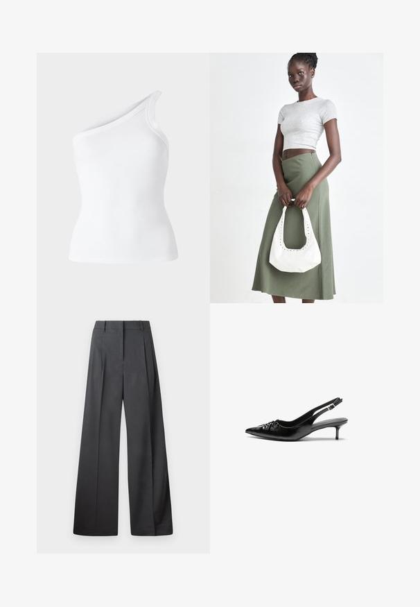 Top alb cu striații, fără mâneci, cu un design asimetric pe un umăr. Textură netedă, siluetă ajustată și margini curate.; Pantaloni culți din țesătură gri închis, cu talie înaltă, pliuri simple și o textură netedă, cu o finisare curată la tivuri.; Cizme slingback din piele neagră, cu vârf ascuțit, toc mic de tip kitten heel și un detaliu decorativ sub formă de nod în față. Textură netedă pe întreaga suprafață.; Crop top griș cu dungi și fustă verde măsliniu cu talie înaltă. Modelul ține o geantă albă de umăr cu detalii tăiate. Design simplu, siluetă ajustată.