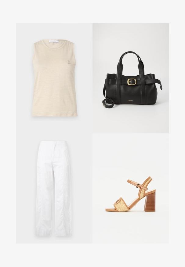 Beige ilma varrukat särk, mis on valmistatud pehmest kangast, ümarate kaeluste ja väikese metallist logo aksessiooniga vasakul rinna piirkonnas.; Valged laiad püksid, mis on valmistatud kergetest materjalidest, omades siledat tekstuuri, puhtaid jooni ja kõrget vöökohta.; Pruun nahast ja kootud õlgedest kontsakingad, millel on pahkluu rihm, avatud varvas ja tumesinine puidust stiilis konts, millel on horisontaalsed triibud.; Must mustraga nahkakott, millel on struktureeritud disain, kaks ülemist kanda, kuldse tooni pandla aktsent ja esiküljel embosseeritud brändi logo.