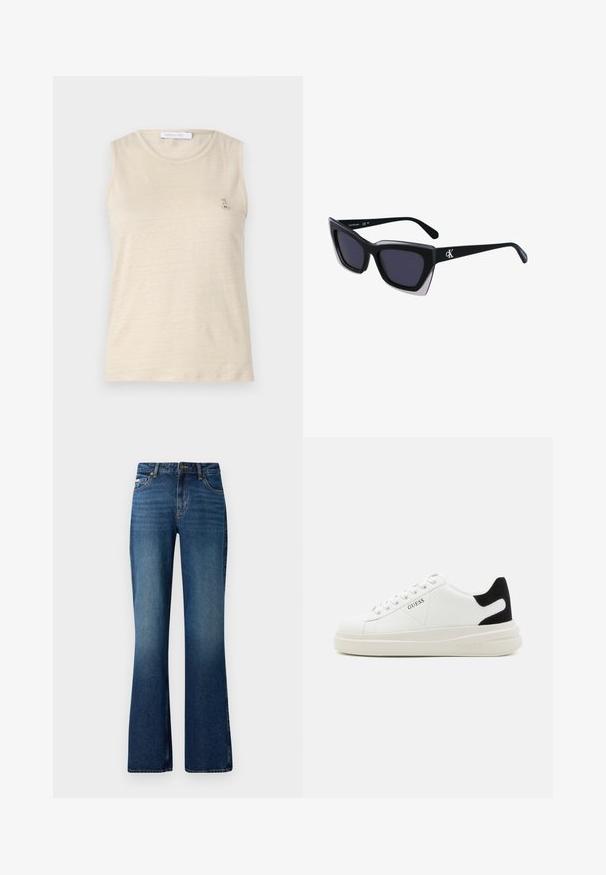 Top bej fără mâneci, realizat dintr-un material moale, cu o decolteu rotund și un mic accent metalic cu logo în zona stângă a pieptului.; Jeans evazati într-o nuanță medie de albastru, cu un design clasic cu cinci buzunare, închidere cu nasture și o textură ușor estompată.; Adidași din piele albă cu o talpă groasă albă, accent de călcâi din suede negru și logo embosat pe lateral. Design cu șireturi și șase orificii.; Ochelari de soare supradimensionați, negri, cu o formă geometrică, având lentile întunecate și un detaliu gri contrastant pe ramă. Logo pe braț.