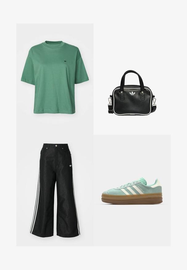 Carhartt WIP CHESTER - T-shirt - bas - duck green; Svarta vida denimbyxor med tre vita ränder på varje sida och en liten vit logotyp. Har framfickor och knäppning med knapp.; adidas Originals GAZELLE BOLD - Sneakers - ash green/off white; Svart läderhandväska med två korta handtag, silverfärgade detaljer, vita accenter och en vit logotyp. Har en texturerad yta och en kompakt design.