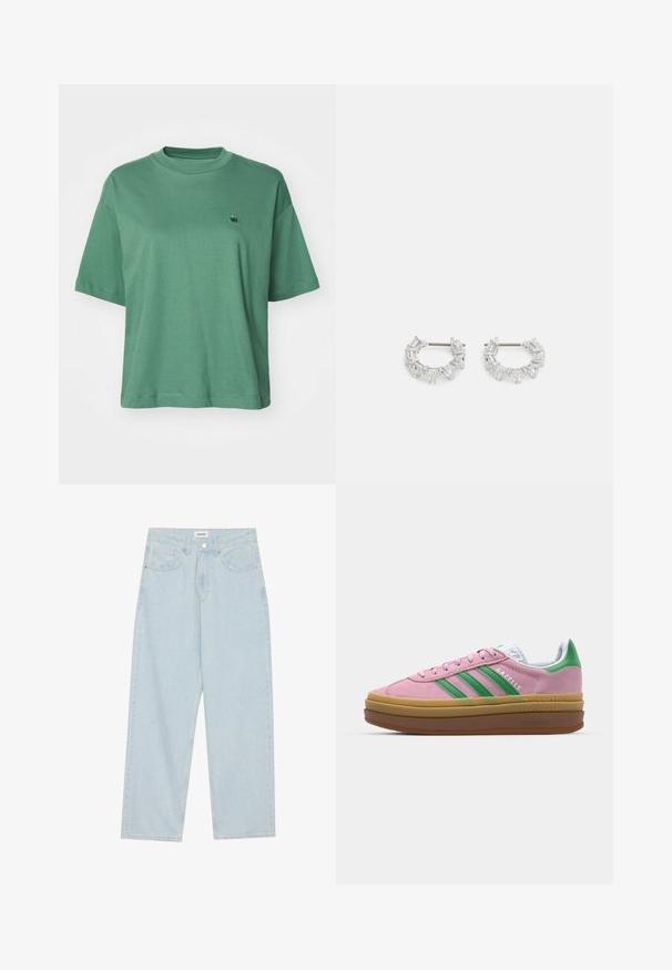 Carhartt WIP CHESTER - T-shirts basic - duck green; Lysblå vidde jeans lavet af denim, med mid-rise talje, fem lommer og en knaplukning med en slank metalaccent.; Lyserøde ruskindsneakers med grønne striber, hvide accenter og en brun gummisål. Har tekstureret stof og logodetaljer på siden.; Sølvøreringe med hoop-design, der har rektangulære og trekantede klare krystaller arrangeret i et cirkulært mønster med en central post til fastgørelse.