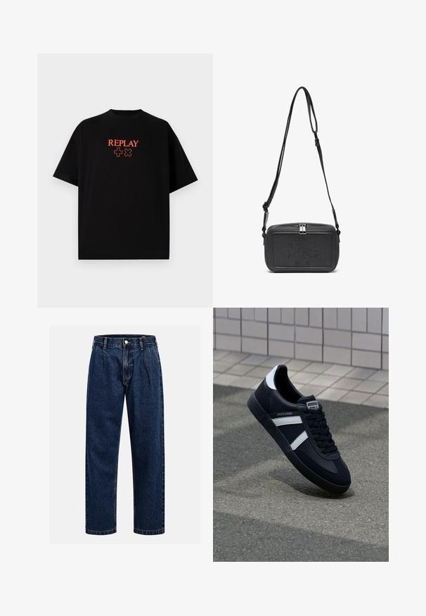 Black cotton t-shirt with short sleeves, round neck, featuring a red "REPLAY" logo and symbols aligned centrally on the chest.; Dark blue denim jeans with a straight-leg design. Features visible stitching, a button closure, and front pleats for added detail.; Black leather sneaker with white stripes, textured rubber sole, and lace-up front. Features a branded label on the tongue.; Black leather crossbody bag with a zip closure, embossed logo on the front, and adjustable strap. Smooth texture with a rectangular shape.