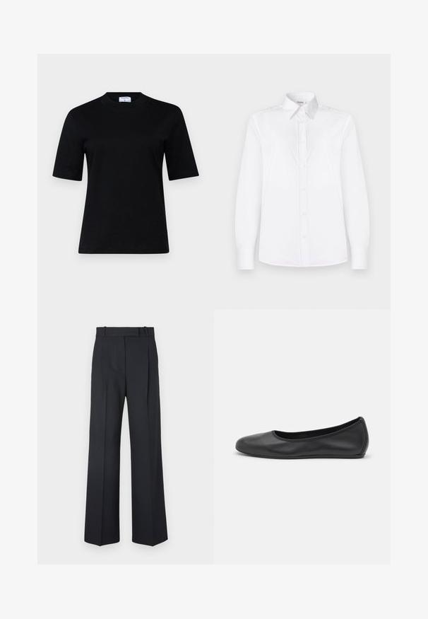 T-shirt nera a maniche corte realizzata in materiale morbido con scollo rotondo e taglio dritto; presenta un design minimalista senza motivi visibili.; Camicia bianca a maniche lunghe realizzata in tessuto morbido, con colletto e apertura con bottoni di un delicato rosa.; Pantaloni a righe blu scuro con vita alta, design a gamba larga e senza hardware o decorazioni visibili. Tessuto liscio e vestibilità sartoriale.; Pantofole da balletto nere in pelle con punta arrotondata, texture liscia, dettagli di cucitura minimi e design con suola flessibile.