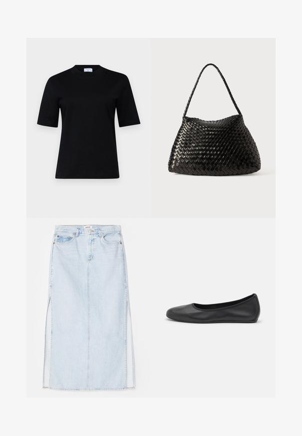 Black short-sleeve t-shirt made of soft material with a round neckline and a straight cut; features minimalistic design with no visible patterns.; Light blue denim maxi skirt with a straight cut, featuring side slits and five-pocket design. Prominent stitching and metal button closure.; Black leather ballet flat with a rounded toe, smooth texture, minimal stitching detail, and a flexible sole design.; Black woven leather handbag with a curved, soft shape and a single braided strap, featuring a smooth texture and an intricate pattern.