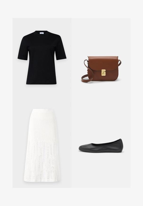 Must mustrindiga lühikeste varrukatega must T-särk, mis on valmistatud pehmest materjalist, ümarate kaelustega ja sirge lõikega; esindab minimalistikku disaini, ilma nähtavate mustriteta.; Kootud valge midi seelik, millel on tekstuurine muster vertikaalsete joonte ja lõike-detailidega hemmi lähedal. Elastne vöökoht. Pehme materjal.; Musthave mustika tantsutossud mustast nahast, ümmarguse varbaga, siledast tekstuurist, minimaalse õmblusdetailiga ja paindliku tallakujundusega.; Pruunist nahast käekott, millel on klapiga sulgur, kuldne riistvara, õlarihm ja sile tekstuur. Kompaktne ristkülikukujuline vorm.