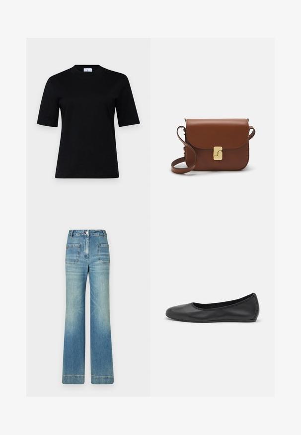 Czarna krótka koszulka z krótkim rękawem, wykonana z miękkiego materiału, z okrągłym dekoltem i prostym krojem; charakteryzuje się minimalistycznym wzornictwem bez widocznych wzorów.; Jasnoniebieskie dżinsy w kształcie dzwonów z pięcioma kieszeniami, szlufkami na pasek, zapięciem na guzik i lekko wyblakłą teksturą, z czerwonym logotypem na tyle.; Czarne skórzane baletki z zaokrąglonym noskiem, gładką fakturą, minimalnymi przeszyciami i elastycznym designem podeszwy.; Brązowa skórzana torebka na ramię z klapką, złotymi detalami, paskiem na ramię i gładką teksturą. Kompaktowy prostokątny kształt.