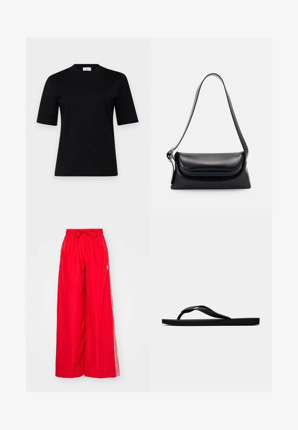 Black short-sleeve t-shirt made of soft material with a round neckline and a straight cut; features minimalistic design with no visible patterns.; Red wide-leg pants made of lightweight fabric, featuring white side stripes and an elastic waistband with a drawstring.; Black rubber flip-flop sandal with a textured thong strap and simple flat sole, shown from side on a plain light background.; Black leather handbag with a structured shape, a smooth texture, and a single shoulder strap. Features a subtle, rounded flap design.