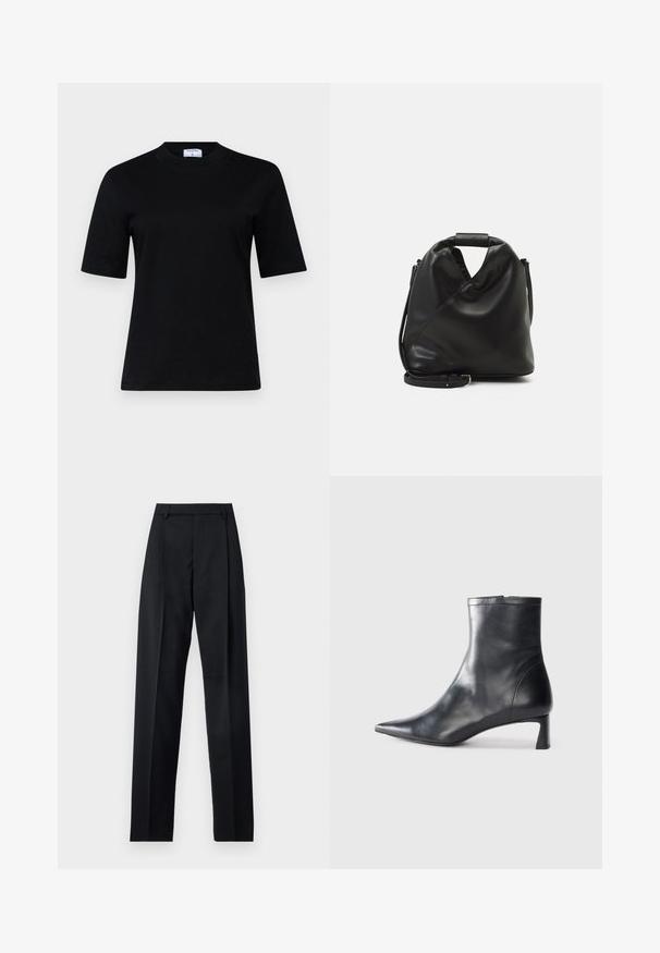 Zwarte t-shirt met korte mouwen, gemaakt van zacht materiaal, met een ronde halslijn en een rechte snit; heeft een minimalistisch ontwerp zonder zichtbare patronen.; Zwarte broek gemaakt van gladde stof met een hoge taille, wijde benen, voorplooien en klassieke ceintuurlussen. Geen zijzakken zichtbaar.; Zwarte leren enkellaars met een spitse neus en een slank ontwerp. Heeft een lage hak en een ritssluiting aan de achterkant. Gladde textuur.; Zwarte, zachte leren tas met een unieke gedraaide vorm. Voorzien van een korte handgreep en een afneembare schouderriem. Minimalistische stijl.