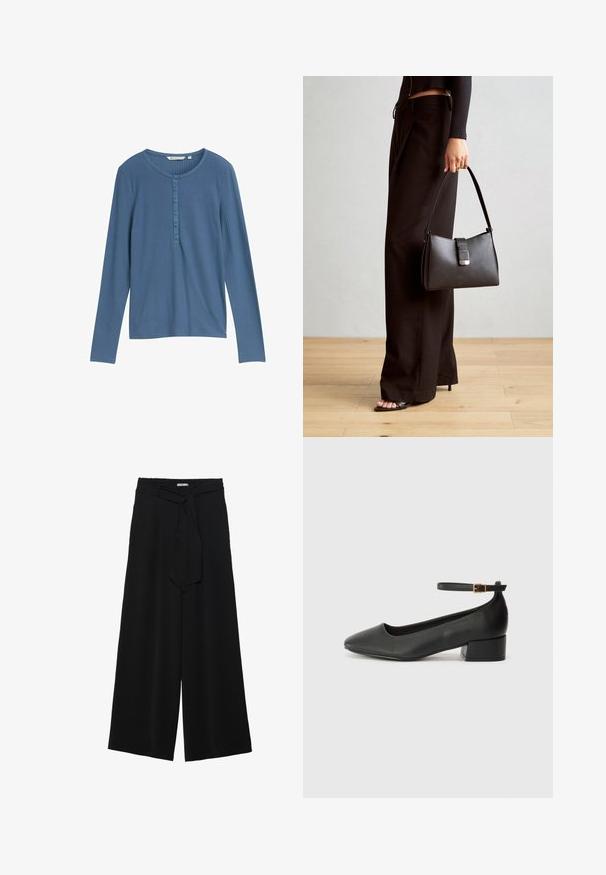 Niebieska bluzka z długim rękawem wykonana z prążkowanej tkaniny, z okrągłym dekoltem i sześcioma guzikami z przodu. Gładka tekstura, dopasowany krój.; Czarne spodnie szerokie z teksturowanej tkaniny, z elastycznym paskiem w talii i odpinanym paskiem w talii dla regulowanego dopasowania.; Czarne skórzane szpilki z ostrym noskiem i niskim słupkowym obcasem. Wyposażone w pasek na kostkę z złotym zapięciem. Gładka tekstura.; Czarna torebka o usztywnionym kształcie, gładkiej fakturze i metalowym zapięciem. Połączona z szerokimi czarnymi spodniami i sandałami na otwartym palcu na drewnianej podłodze.