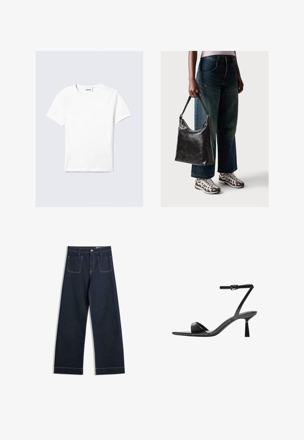 Weißes kurzärmeliges T-Shirt aus Baumwolle, mit rundem Ausschnitt und geradem Saum. Minimalistisches Design ohne sichtbare Muster oder Akzente.; Dunkelblaue weite Jeans aus Denim mit kontrastierendem hellbraunem Nähen, zwei Gesäßtaschen und einem Knopfverschluss an der Taille.; Bershka High Heel Sandalette - black; Schwarze Leder-Schultertasche mit glatter Textur und verstellbarem Riemen, kombiniert mit ausgewaschenen weit geschnittenen Jeans und sportlichen Sneakern.