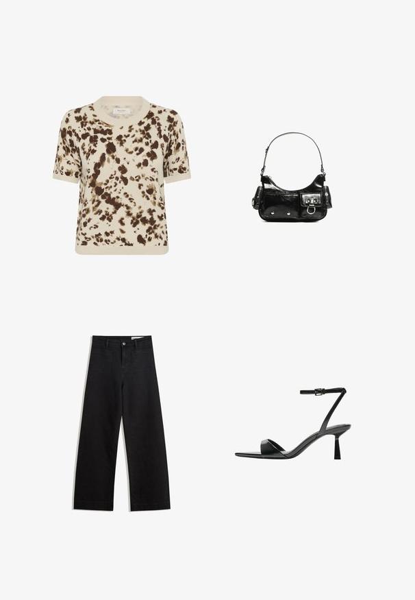 Sveter s krátkym rukávom v krémovej farbe, s hnedým abstraktným potlačou. Hladký okrúhly výstrih a manžety, mäkká textúra, uvoľnený strih.; Čierne denimové nohavice s širokými nohavicami a vysokým pásom, so prednými a zadnými vreckami, šitými švami a zapínaním na gombík. Hladká textúra.; Bershka Sandále na vysokom opätku - black; Čierna laková kožená kabelka s ohnutým tvarom, jedným ramenným popruhom, prednými vreckami a striebornými kovovými doplnkami.