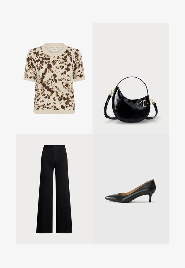 Korte mouw gebreide trui in crème, met een bruine abstracte print. Geribde ronde halslijn en manchetten, zachte textuur, relaxte pasvorm.; Zwarte wijde broek van geweven stof, met een hoge taille, sluiting met een knop aan de voorkant en zijzakken. Soepele textuur met strakke lijnen.; Zwarte leren pump met een puntige teen, lage hak en een gladde textuur. Heeft een lichte opening aan de voorkant en minimale hardware aan de achterkant.; Zwarte gepatineerde leren handtas met een gebogen vorm, verstelbare schouderband en gouden hardwaredetails aan de zijkant. Gladde, glanzende textuur.