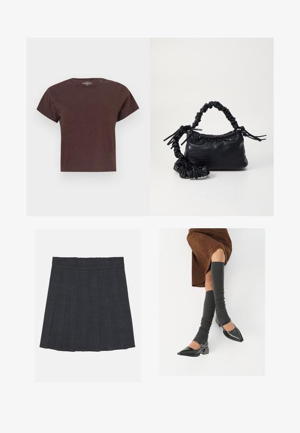 T-shirt corto marrone a maniche corte realizzato in tessuto morbido. Caratterizzato da un collo rotondo e una vestibilità rilassata con taglio dritto all'orlo.; Gonna a pieghe grigio scuro con vita elastica, caratterizzata da un tessuto testurizzato e da una classica silhouette a trapezio. Adatta per un abbigliamento casual.; Scarpe nere in pelle verniciata con punta affilata, tacco a blocco e cinturino alla caviglia, abbinate a scaldamuscoli grigi a coste e una gonna in suede marrone.; Borsa a tracolla in ecopelle nera con texture a coccodrillo, apertura cinchata e tracolla arricciata. Si presenta con un design morbido e compatto.