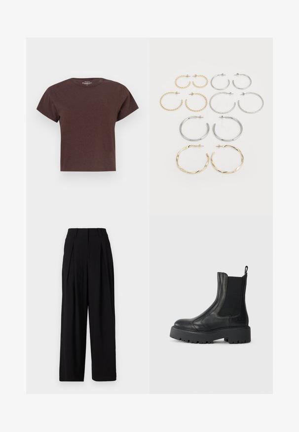 Rjava kratka majica s kratkimi rokavi iz mehkega blaga. Ima okrogel izrez in sproščen kroj s pravim robom.; Črne široke hlače iz gladkega blaga, ki imajo visok pas, zgibanje spredaj in pretakan silhueto.; Črne usnjene gležnjarje z elastikami na straneh, zaokroženim nosom in debelim teksturiranim gumijastim podplatom. Imajo zanko za zategovanje na hrbtni strani.; Set dvanajstih uhvorov v srebrnih in zlatih odtenkih. Vključuje zvite, gladke in teksturirane modele v različnih velikostih in končnih obdelavah.