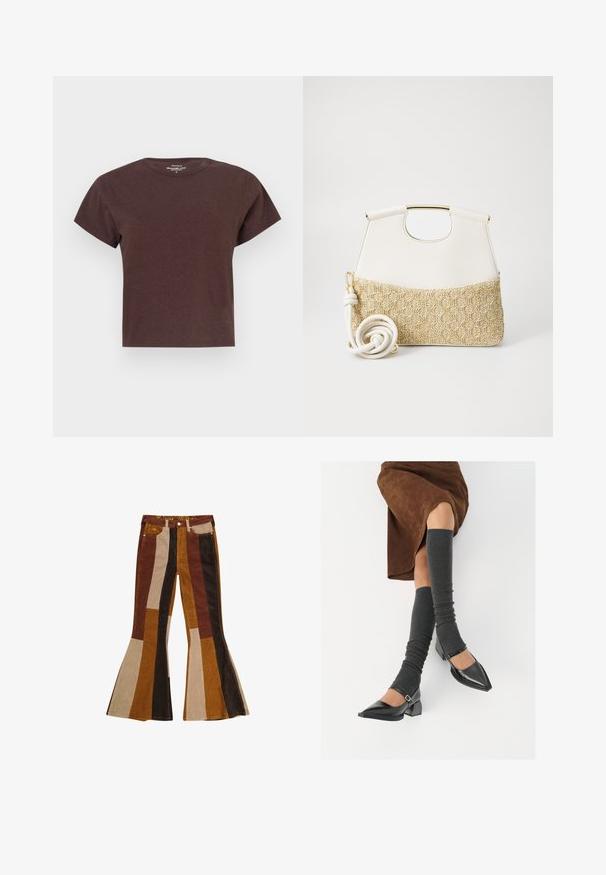Camiseta marrón de manga corta hecha de una tela suave. Presenta un escote redondo y un ajuste relajado con corte recto en el dobladillo.; Pantalones de pana acampanados con rayas verticales en marrón, beige y mostaza. Diseño distintivo con cintura alta y cinco bolsillos.; Zapatos de charol negros con punta afilada, tacón bloque y tira de tobillo, combinados con calentadores de piernas de canalé grises y una falda de ante marrón.; Bolso de mano de piel blanca con un fondo de tejido trenzado en crema texturizado. Cuenta con un asa en tono dorado y una correa blanca enrollada para mayor versatilidad.