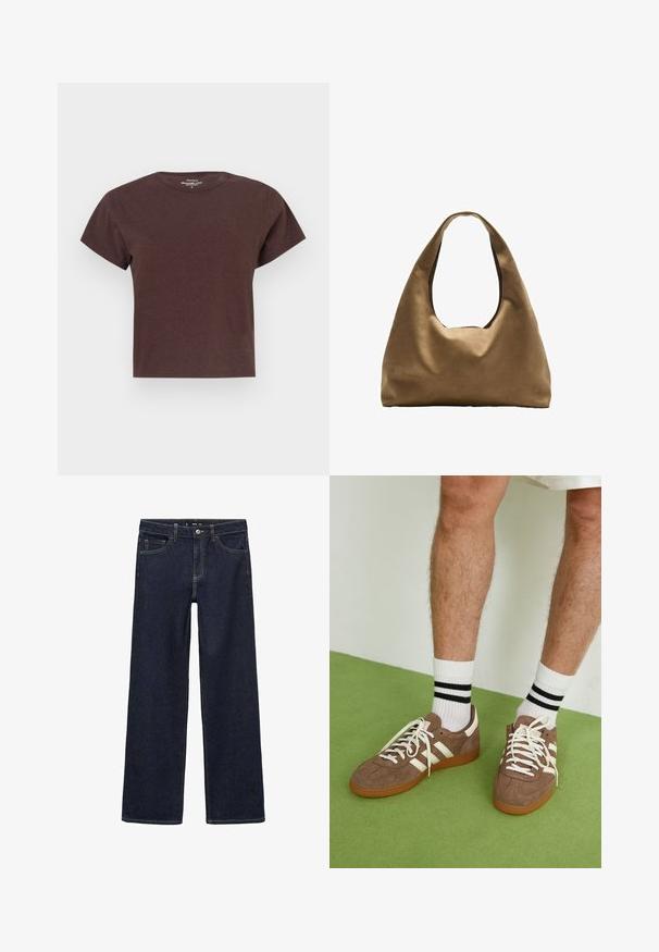 Hnědý krátký rukáv tričko vyrobené z měkké tkaniny. Má kulatý výstřih a uvolněný střih se rovnými lemy.; Tmavě modré džíny s volným střihem. Mají vysoký pas, pět kapes a kontrastní švy. Rovný střih nohavic, bez zdobení.; Hnědé semišové tenisky s bílými akcenty a tkaničkami. Gumová podrážka. Nošeny s bílými ponožkami s černými pruhy. Zelená strukturovaná podlaha.; Hnědá textilní taška přes rameno s širokým, zaobleným tvarem a velkým výřezem na rukojeť. Měkká textura, minimalistický design a žádné viditelné kovové prvky.