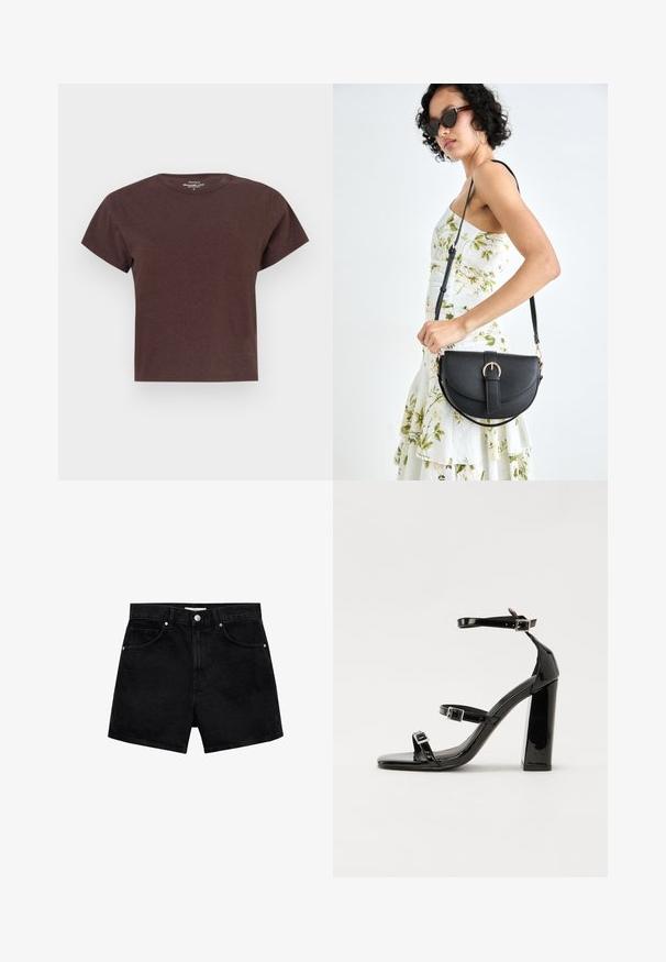 Tricou scurt, maro, cu mânecă scurtă, confecționat dintr-un material moale. Are un decolteu rotund și o croială lejeră, cu tăietură dreaptă la tiv.; Șorturi negre din denim cu talie înaltă, cinci buzunare și închidere cu nasture argintiu. Prezintă o textură netedă și o croială ajustată.; Sandale cu toc din patent negru, cu vârf pătrat, curele la gleznă și catarame din argint. Dispune de un toc gros pentru stabilitate.; Geantă din piele neagră, cu o formă curbată, curea detașabilă și accesorii aurii. Geanta are un capac cu un detaliu tip cataramă.