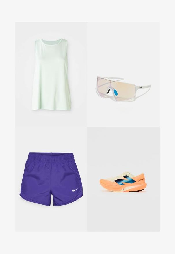 Gaiši zaļa bezpiedurkņu blūze, izgatavota no elpojoša acs auduma, ar apaļu kakla līniju un brīvu piegriezumu ērtībai un kustībai.; Violeta sporta šorti, kas izgatavoti no gludas auduma, ar elastīgu jostasvietu un baltu Nike logo apakšējā labajā pusē.; Skriešanas apavi ar vieglu krēmkrāsas augšdaļu, zilu zīmolu un oranžiem akcents uz zoles. Acu tekstūra gaisa caurlaidībai.; Balti rāmji saulesbrilles ar lieliem, gradienta lēcu toņiem, kas no rozā pakāpeniski pāriet gaisā oranžā krāsā, akcentētas ar zilu deguna daļu un logo detaļu.
