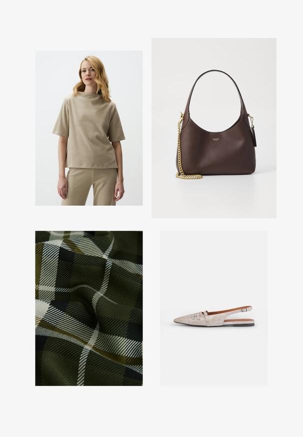 Beige geribbelde top met een hoge hals en korte mouwen. Zachte textuur, ontspannen pasvorm, minimalistisch ontwerp. Gecombineerd met geribbelde broek.; Gevlochten geruite stof in donker groen, zwart en wit. De textuur is glad met een zachte, geprinte afwerking.; Lichtbeige slingback schoen met een spitse neus, een zachte suède textuur, voorzien van twee decoratieve gespen en een lage, platte hak.; COACH BROOKLYN SHOULDER BAG 23 - Handtas - maple