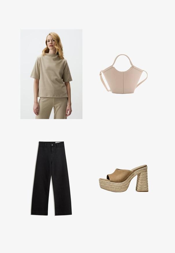Top beige a coste con collo alto e maniche corte. Tessuto morbido, vestibilità rilassata, design minimalista. Abbinato a pantaloni a coste.; Pantaloni in denim neri a gamba larga con vita alta, dotati di tasche anteriori e posteriori, cuciture a punto, e chiusura con bottone. Texture liscia.; Mule in suede marrone con platform e punta aperta, dotati di un tacco in juta intrecciata chunky e un design superiore liscio e arrotondato.; Borsa in pelle beige con una forma unica, caratterizzata da due manici corti e una lunga tracolla regolabile. Texture liscia con hardware minimale.