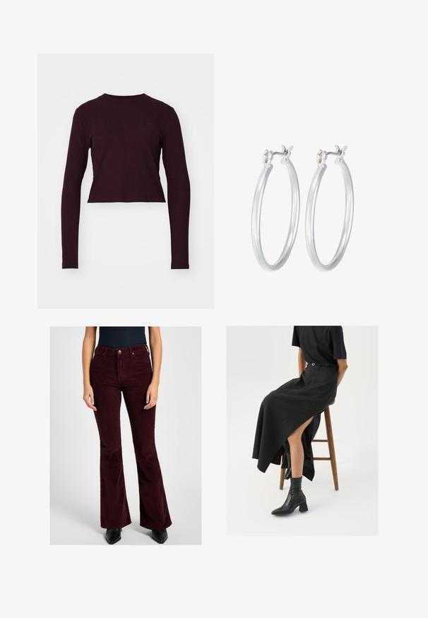 Bordo kratki top s dugim rukavima, rebrastom teksturom, okruglim izrezom i suptilnim logotipom brenda na prsima. Mekani materijal i prilagođen kroj.; Bordo čučanj hlače od kordura, s prednjim džepovima, zatvaranjem na patentni zatvarač s gumbom i teksturiranim završetkom.; Crna lanena maksi suknja s visokom prorezom, nosi se s crnom majicom i crnim gležnjačama. Minimalistički dizajn s opuštenim krojem.; Srebrne kružne naušnice s glatkom, poliranom površinom. Okrugli oblik i sigurno kopčanje na klik. Lagani dizajn pogodan za svakodnevno nošenje.