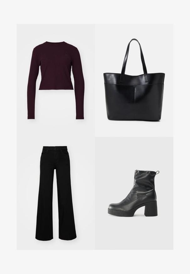 Burgundröd långärmad cropped topp med ribbad textur, rund halslinning och subtil logotyp på bröstet. Mjuk tyg och figurnära design.; Svarta vida byxor i denim, med en strukturerad midja, bältesöglor och framfickor. Slät textur med en klassisk design.; Svarta ankelstövlar i slitstark läder, med sidodragkedja, kraftig strukturerad klack och rundad tådesign.; Svart läder tote-väska med två långa handtag, en slät yta och en strukturerad form. Har en framficka för extra förvaring.