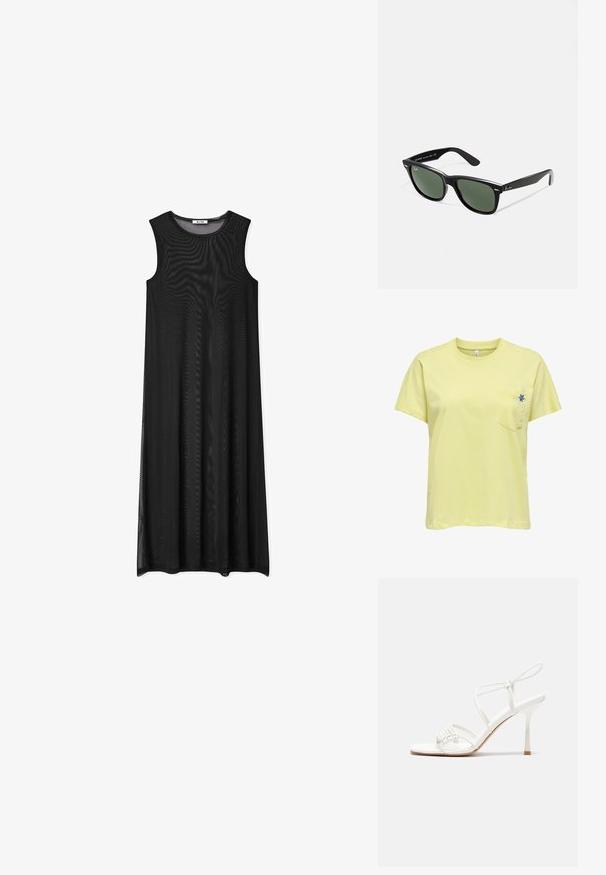 Kollane puuvillane t-särk lühikeste varrukatega, ümmarguse kaelaaugu ja ühe rinnataskuga, millel on sinine lilleline tikand.; Musthave musträäkide musta värvi maksikleit, millel on vabalt langetav lõige. Valmistatud õhulisest kangast, ümar kaelus ja põrandani ulatuv disain.; Valge rihmadega kõrge kontsaga sandaal, millel on lamedad varbatoed, tekstuuriga esiosa kogutud detailidega ja kitsas pahkluu rihm.; Mustad mustan plastiku prillid roheliste läätsedega, ruudukujulised raamid, hõbedane aksent kulmude peal ja tekstuuriga tempelkäed. Brändi nimi on märgitud sisevarrele.; Mustmust kott poolkuu kuju, tekstuurse pinnaga, kuldne tõmblukk ja lame rihm. Kompaktne disain, mis sobib igapäevaste essementide jaoks.; Hõbedased metallkõrvarõngad lainelise, skulpturaalse disainiga, millel on poleeritud viimistlus ja ebaregulaarsed kujundid, rõhutades kaasaegset esteetikat.