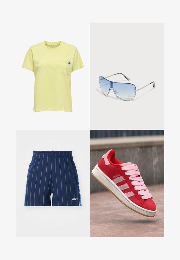 Dzeltena kokvilnas T-krekls ar īsām piedurknēm, apaļu kakla izgriezumu un vienu krūšu kabatu, uz kuras ir zila zieda izšuvuma detaļa.; Jūras zila šorti ar baltām svītrām, elastīgu jostu un Adidas logo. Sānos ir zilas akcenti, izgatavoti no kokvilnas maisījuma materiāla.; Sarkanie zamšas sporta apavi ar rozā akcentiem, tiem ir trīs baltas svītras un gaiši rozā auklas. Balta starpsole un gumijas zole.; Pilotstila saulesbrilles ar gradienta zilām lēcām, sudraba metāla rāmjiem un dekoratīvām zvaigžņu akcentiem uz lēcām. Gluda un eleganta dizaina.