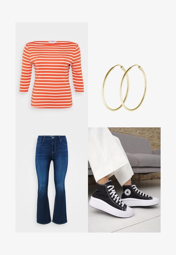 Stribet top med trekvartærmer, lavet af blødt orange bomuld med brede hvide striber, en båd-halsudskæring og en lille logoaccent.; Mørkeblå bootcut jeans lavet af denim, med fem lommer, lynlås og knaplukning samt kontrastsyninger langs sømmene.; Sorte sneakers med højt skaft, hvide gummisåler og snørebånd. Har en rund logo-patch og kontrasterende hvide syninger. Fremstillet af lærredsmateriale.; Guld hoops øreringe med et glat, rundt design og en blank finish. Letvægts konstruktion med en sikker låsemekanisme.