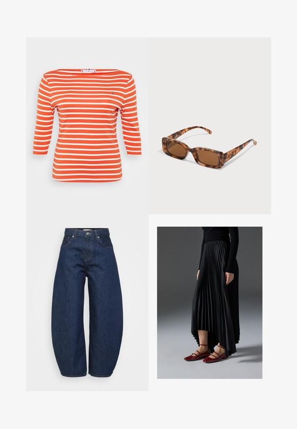 Juostuota palaidinė su trimis ketvirtadaliais rankovėmis, pagaminta iš švelnaus oranžinio džinsinio audinio su plačiomis baltomis juostomis, su plačiu apykaklės iškirpimu ir mažo logotipo akcentu.; Aukštai juosmens tamsiai mėlynos džinsinės kelnės su plačiomis kojomis, priekyje esančiu mygtuku ir užtrauktuku, bei klasikine penkių kišenių išvaizda.; Juoda plisuota sijonas su aukštesniu priekiniu kraštu, derinamas su blizgiomis raudonomis plokščiomis bateliais, turinčiais dirželio dizainą. Medžiaga yra glotni.; Vėžlio kiauto saulės akiniai su stačiakampiais rudi objektyvais, storu rėmu ir siaurais rankenėlėmis, dekoruotomis skirtingų atspalvių ruda spalva.; Sidabrinė lankinė auskarai su poliruotu paviršiumi, turintys mažus auksinius akcentus ir apvalią formą, dėvimi ant ausies kaušelio.