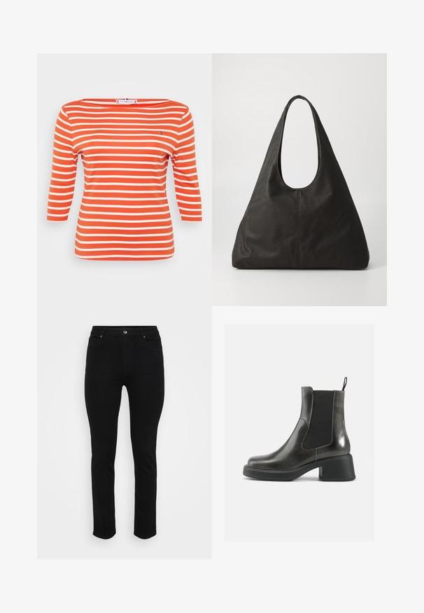 Randig topp med trekvartslånga ärmar, tillverkad av mjuk orange bomull med breda vita ränder, båtringning och en liten logotypdetalj.; Svarta denimjeans med slim fit, femficksdesign, framknäppning och lätt stretch för komfort. Platt, slät textur med minimal detaljering.; Svarta läderankelboots med en slät yta, elastiska sidopaneler och en kraftig klack. Har en dragflik för enklare påtagning.; Svart läder tote-väska med ett böjt handtag, avlång triangulär form och slät yta. Har en minimalistisk design utan synlig utrustning.; Silverfärgade metallörhängen med en vågig, skulptural design som har en polerad yta och oregelbundna former, vilket framhäver en samtida estetik.