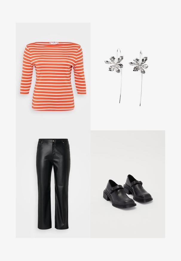 Top listrado com mangas três quartos, feito de algodão laranja suave, apresentando largas riscas brancas, um decote barco e um pequeno detalhe de logótipo.; Calças de imitação de pele pretas com corte retificado, apresentando passantes para cinto, bolsos frontais e um fecho com zíper e botão. Textura suave.; Sapatos de couro pretos com um bico redondo, sola plana e uma fita com detalhe de fivela. Salto bloco robusto para maior estabilidade.; Brincos em forma de flor prateados com um acabamento texturizado, apresentando ganchos longos e detalhes semelhantes a pétalas para um design intrincado.