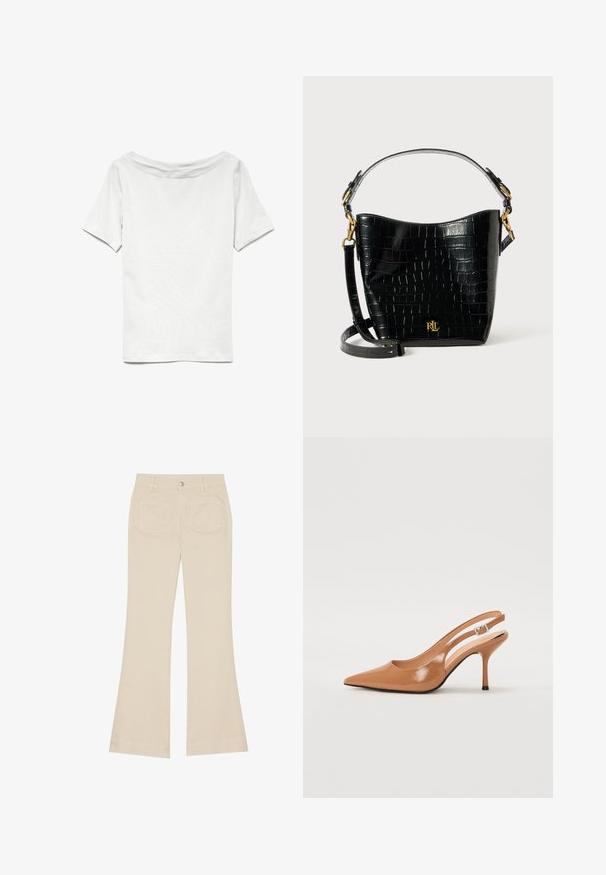 White short-sleeve t-shirt with a wide neckline and a relaxed fit. Made of soft cotton fabric, featuring smooth texture and simple design.; Beige flared pants with a high waist, made of cotton fabric. Features front and back pockets, belt loops, and a single silver button.; Pointed toe slingback heel in a smooth, glossy tan material. Features a curved cutout design and a slender stiletto heel. Silver buckle detail.; Black croc-embossed leather bag with a curved shape, gold hardware accents, an adjustable strap, and a logo detail at the front.
