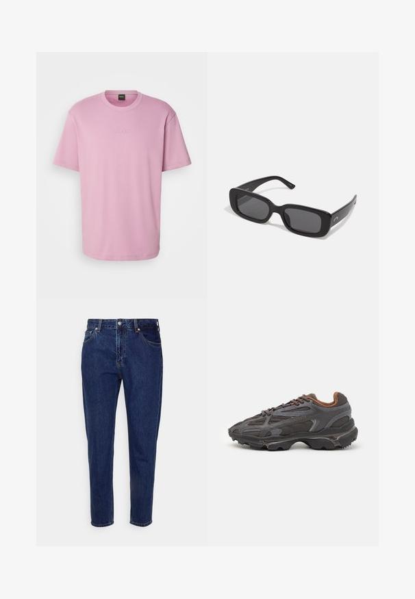 Růžové bavlněné tričko s uvolněným střihem, kulatým výstřihem a jemně embosovaným logem "BOSS" na hrudi. Krátké rukávy a hladká textura.; Tmavě modré džíny z denimu s rovným střihem, pěti kapsami a zapínáním na knoflík. Obsahují jemné vyblednutí a detaily šití.; Sněrovací boty Lacoste v tmavě šedé barvě s síťovinou a syntetickým materiálem, prezentující texturovanou podrážku a hnědé detaily na límci a logu.; Černé obdélníkové sluneční brýle s tmavými čočkami, hladkými plastovými rámy a širokými stranami. Jemné logo na boku.
