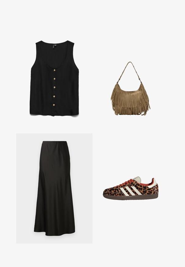 Blusa nera senza maniche con scollatura a V profonda, caratterizzata da bottoni dorati sulla parte anteriore e un tessuto morbido e leggero.; Gonna maxi in satin nero con texture liscia, vita alta e fondo svasato. Caratterizzata da un design semplice senza motivi visibili o accessori.; Sneaker con stampa leopardata in materiale scamosciato, lacci rossi e tre strisce bianche sui lati. Presentano una linguetta di colore crema e una suola marrone.; Borsa a tracolla in suede marrone con lunghi dettagli in frange, forma curva e una singola tracolla. Presenta una superficie liscia e testurizzata.