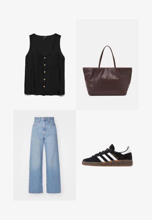 Blusa nera senza maniche con scollatura a V profonda, caratterizzata da bottoni dorati sulla parte anteriore e un tessuto morbido e leggero.; Jeans a vita alta blu chiaro con gamba larga, chiusura frontale con bottone e zip, tasche anteriori e posteriori, su uno sfondo bianco.; Sneaker Adidas nere con strisce bianche, testo "Spezial" dorato, suola in gomma e tab sul tallone bianco, mostrato in veduta laterale.; Borsa tote in pelle intrecciata marrone con due manici, dalla forma strutturata e superficie texturizzata, caratterizzata da un motivo a diamante in tutto il suo corpo.