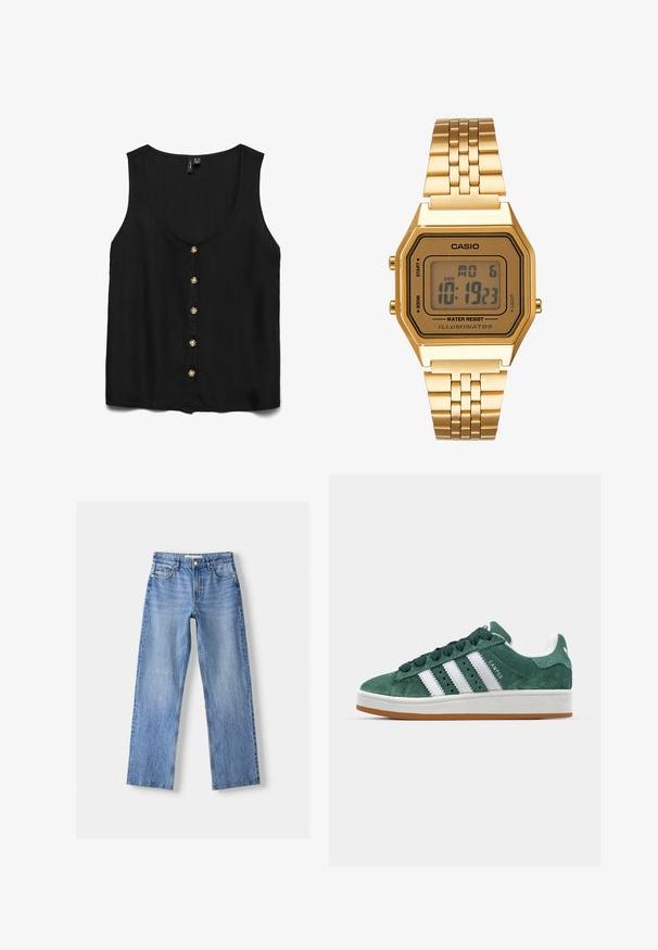 Bluză neagră fără mâneci, cu decolteu adânc în formă de V, având nasturi aurii pe față și un material neted, ușor.; Jeanși din denim de culoare albastru deschis, cu croială dreaptă, având cinci buzunare, închidere cu nasture în față și decolorări subtile pentru textură.; Tenis verde din suede cu dungi albe din piele, talpă din cauciuc, guler căptușit și design minimalistic. Prezintă branding pe lateral.; Ceas digital auriu cu un cadran dreptunghiular, ecran LCD, bratara din otel inoxidabil si butoane pe lateral. Are eticheta de rezistenta la apa.