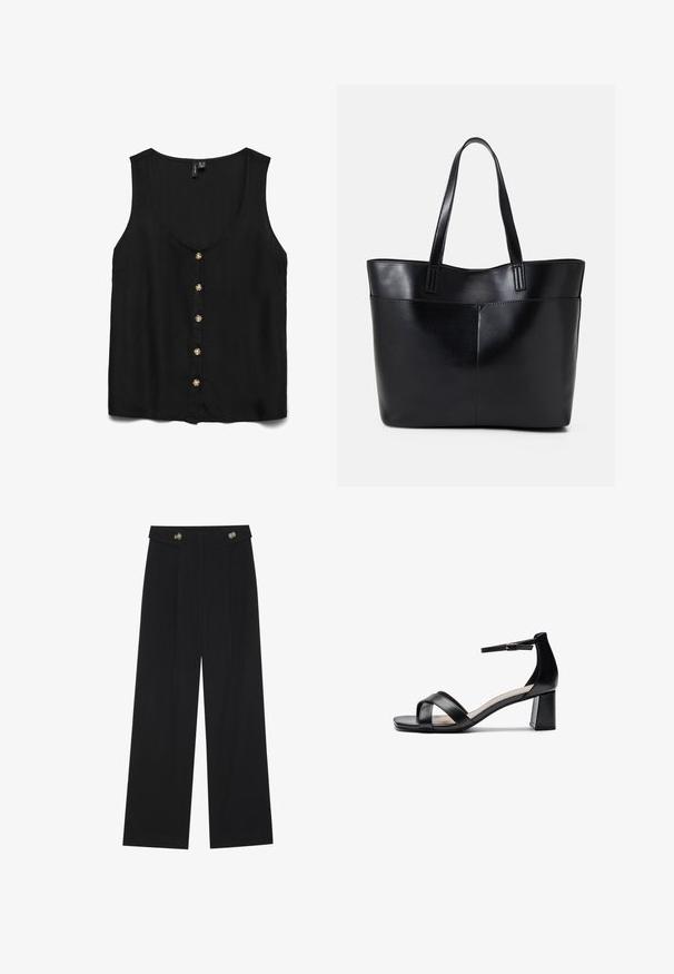 Blusa preta sem mangas com um decote em V profundo, apresentando botões dourados na frente e um tecido suave e leve.; Calças largas pretas com cintura alta, detalhes em botão na cintura e pregas frontais.; Sandália de salto alto preta, com ponta aberta, tiras cruzadas, tira de tornozelo ajustável e um salto robusto, apresentando uma textura de pele lisa.; Bolsa tote preta em couro com duas alças longas, textura suave e forma estruturada. Apresenta um bolso frontal para armazenamento adicional.