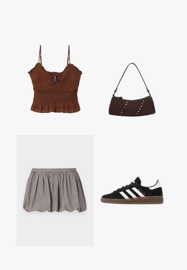 Brązowy krótki top na cienkich ramiączkach, wykonany z teksturowanej tkaniny, z marszczonym detalem i falbaną na dole, tworzący dopasowaną sylwetkę.; Brązowa i biała spódnica w kratkę w kształcie litery A z marszczonym pasem, wykonana z lekkiego materiału, z delikatnym, teksturowanym wzorem.; Czarny sneaker Adidas z białymi paskami, złotym napisem "Spezial", gumową podeszwą i białym elementem przy pięcie, przedstawiony w widoku z profilu.; Brązowa torebka z syntetycznej skóry o zakrzywionym kształcie, zapięcie na zamek błyskawiczny oraz dekoracyjne srebrne ćwieki po jednej stronie. Posiada krótką rączkę na ramię.