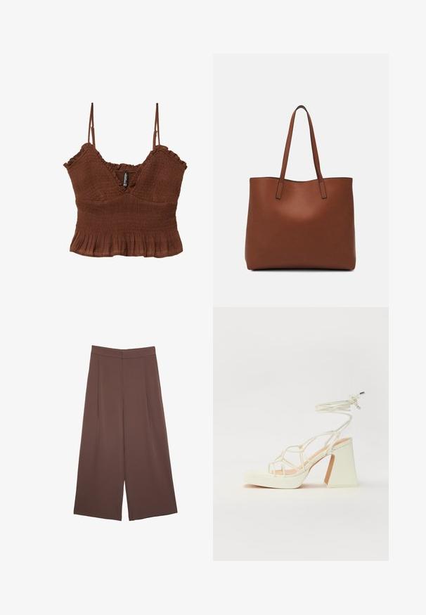 Top corto marrone con spalline sottili, caratterizzato da un tessuto texturizzato, dettagli arricciati e un orlo a volant per un silhouette aderente.; Pantaloni ampi marroni con una texture liscia, caratterizzati da una vita alta e pieghe frontali. Il tessuto è leggero e scorre liberamente.; Sandalo bianco con tacco alto, caratterizzato da un design a cinturini e un legaccio alla caviglia. Texture liscia con una piattaforma frontale per un'altezza aggiuntiva.; Borsa tote in pelle marrone con texture liscia, design con apertura superiore e due spallacci. Presenta cuciture minime e nessun hardware visibile.