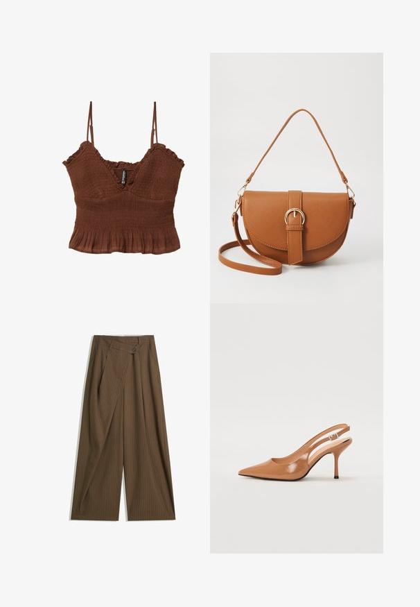 Brown crop top with thin straps, featuring textured fabric, gathered detailing, and a ruffled hem for a fitted silhouette.; Brown wide-leg trousers with thin white pinstripes, high waist, front button closure, and wrap-style overlay panel.; Pointed toe slingback heel in a smooth, glossy tan material. Features a curved cutout design and a slender stiletto heel. Silver buckle detail.; Brown leather crossbody bag with a curved shape, gold hardware, and a buckle accent. Features a detachable shoulder strap.